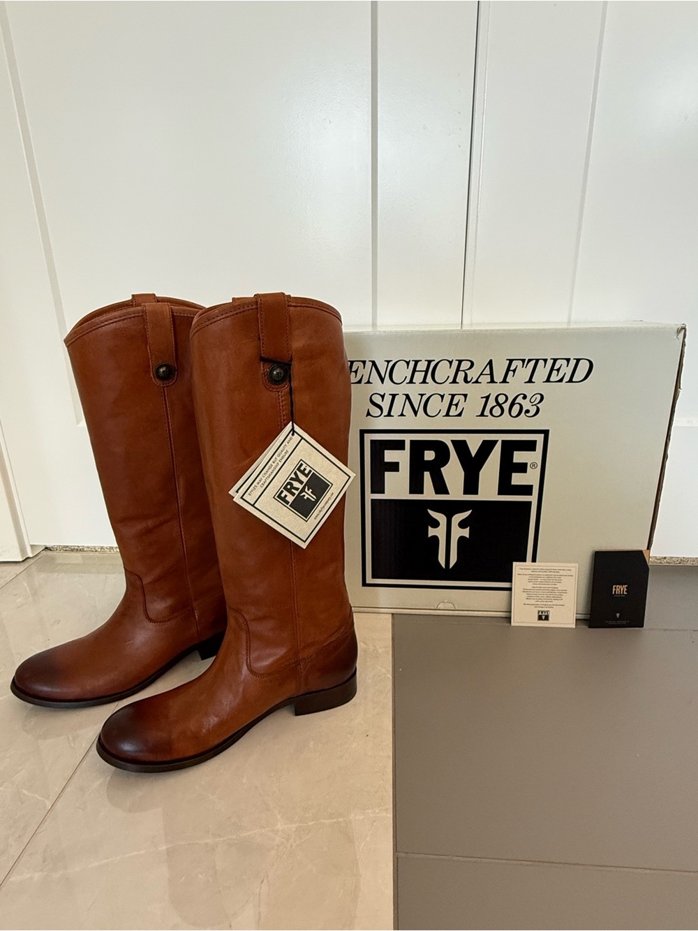NIB Frye Melissa Button Extended Calf Leather Riding Boots Cognac Size 8